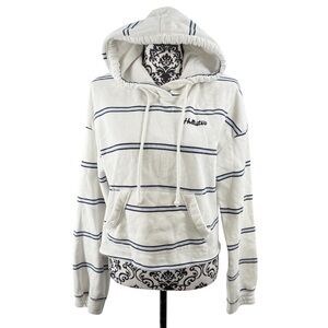 Hollister Cropped Hoodie Striped White Blue Fleece Lined Pullover Logo